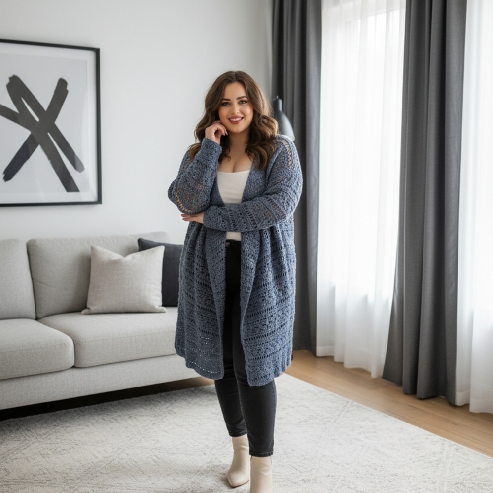 Handmade Crochet Medium Length Open-Front Knit Cardigan Sweater - Slate Blue